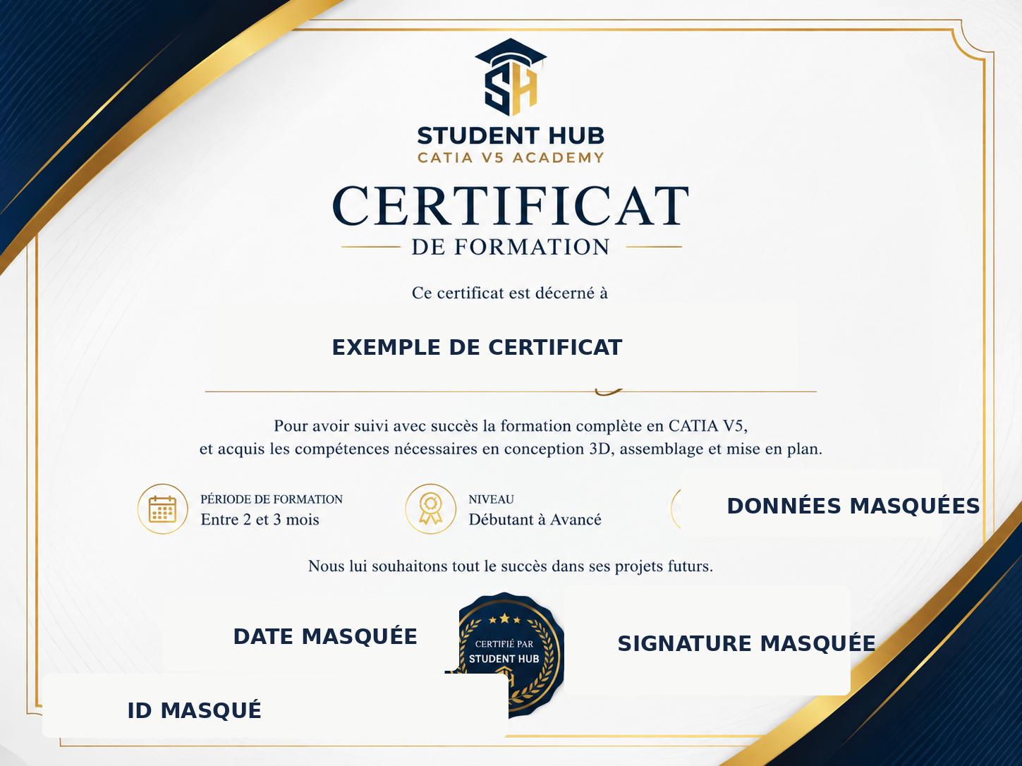 مثال على شهادة إتمام تكوين CATIA V5 من StudentHub